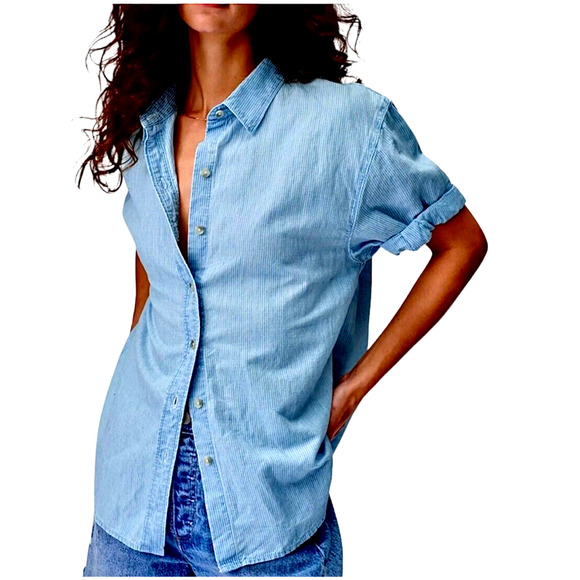 Aritzia Community Blue and White Pin Stripe The Jane Short Sleeve Button Shirt - Picture 1 of 11